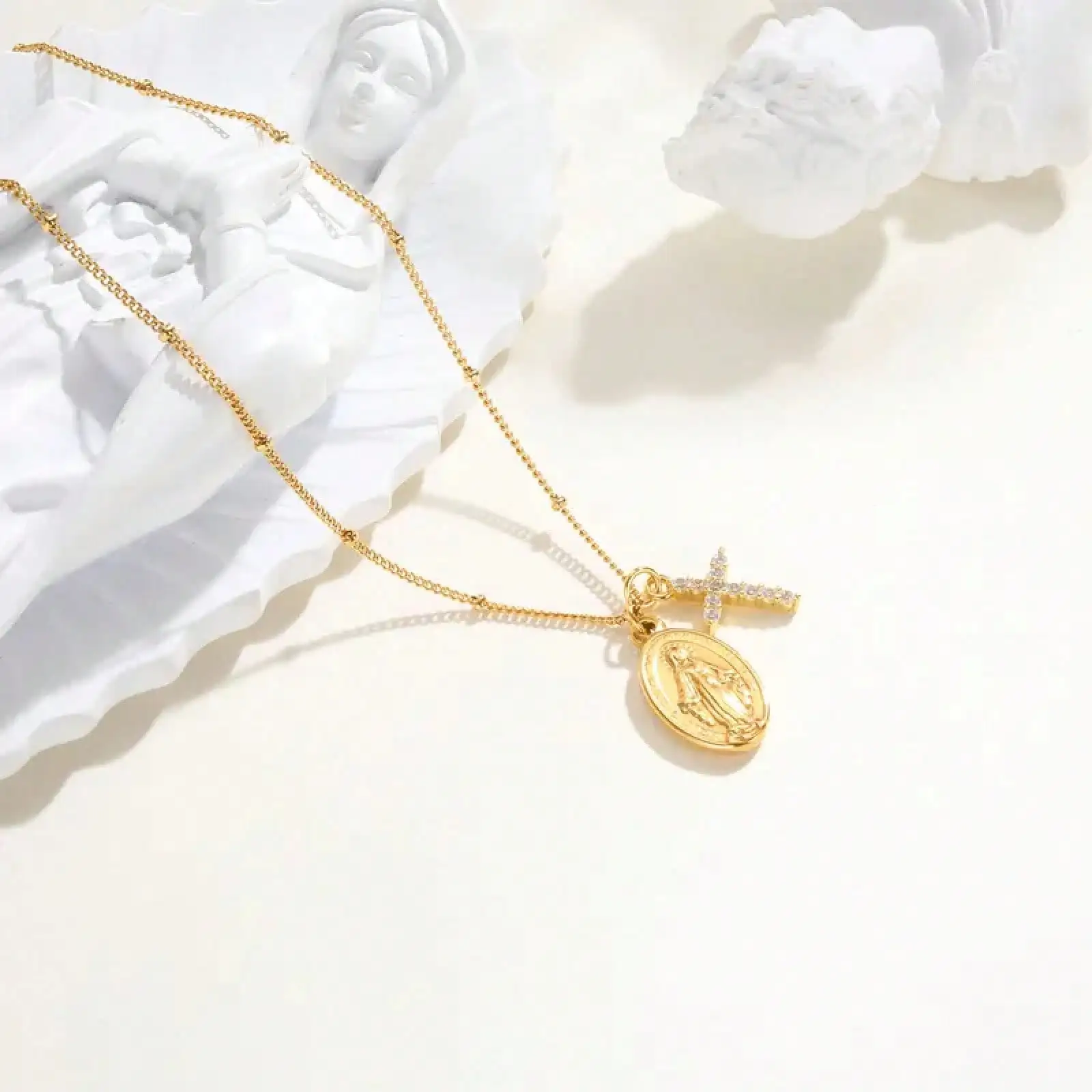 Cross Virgin Mary Pendant Necklace For Women,Stainless Steel Gold Plated Bead Chain Necklace, Religious Prayer Jewelry photo 3