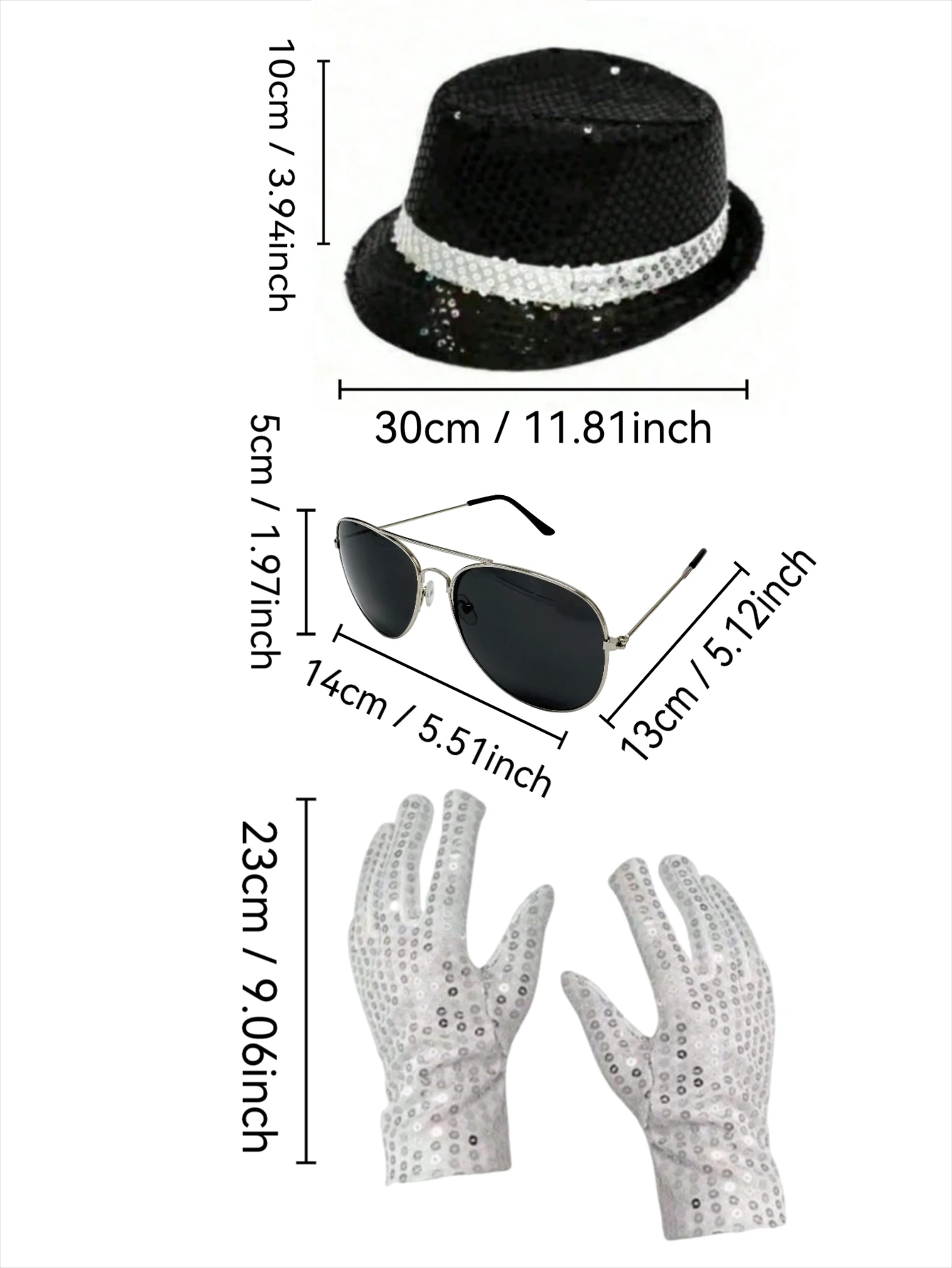 Michael Jackson Costume Accessories Set - Sequin Fedora Hat + Rhinestone Gloves + Aviator Sunglasses, Halloween Cosplay Party Dr photo 3
