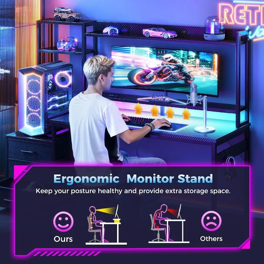 Gaming Desk with Shelves and 3 Drawers and LED Light and Hutch photo 6