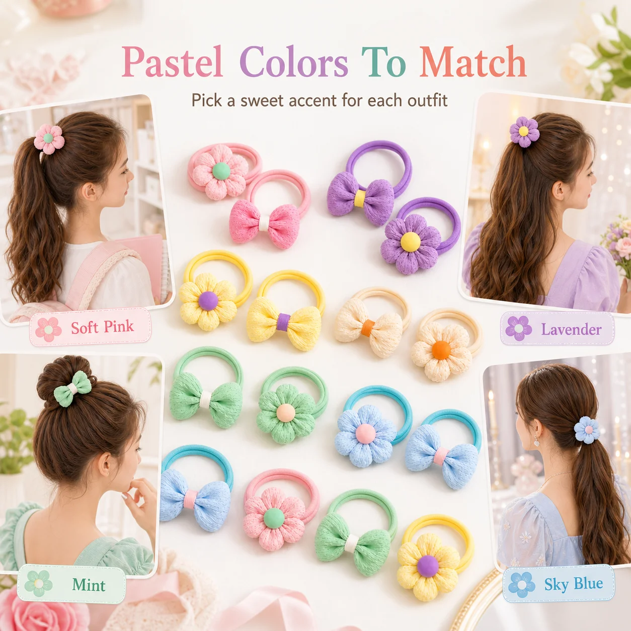 12PCS New Cut Hair Ties Princess Sweet Flower Bow Girls Women Elastic Hair Bands Hair Accessories Headwear Scrunchies 2030 photo 6