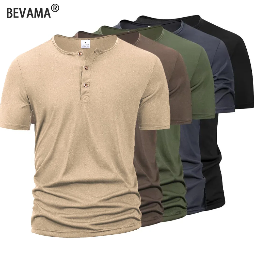 Summer Men Henley Collar T-shirts Button Slim Casual Male Solid Color Short Sleeve Men Sports T-shirt Polo shirt Tops photo 1