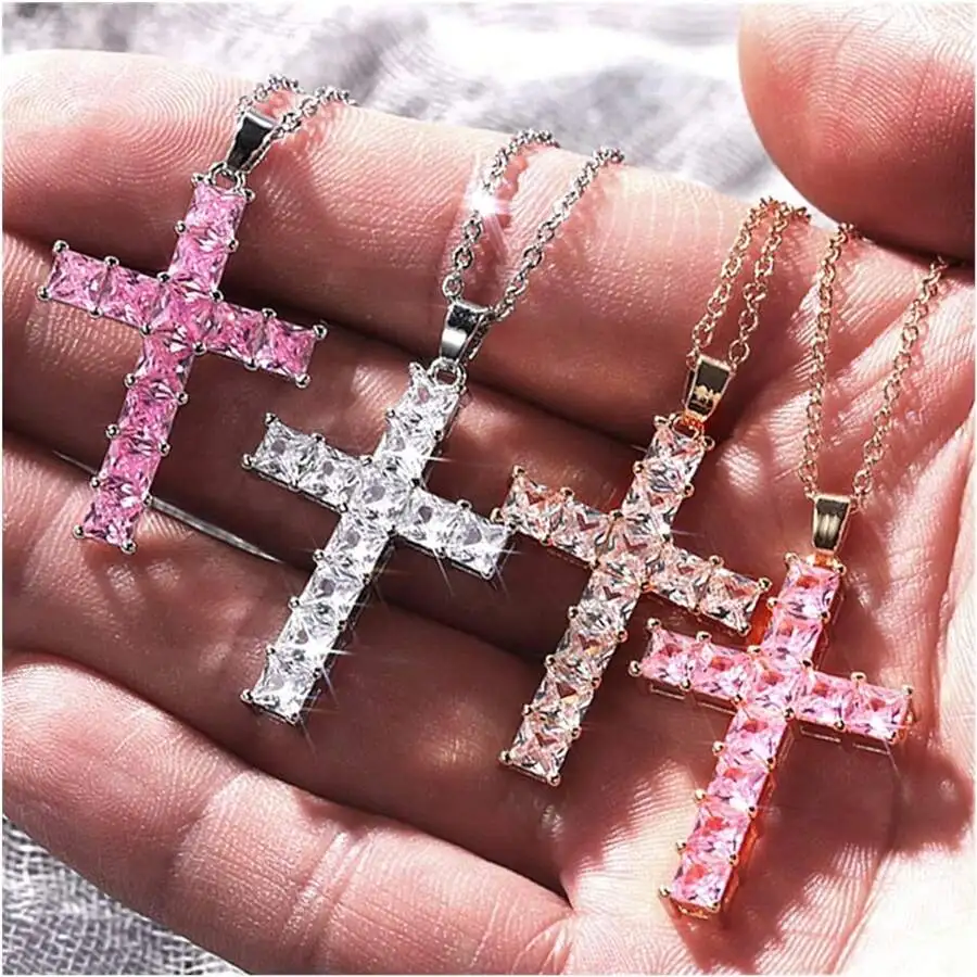 New Fashion Necklaces Female Pendants Gold Multi Color Crystal Jesus Cross Pendant For Women Necklace Party Leisure Time Jewelry photo 2
