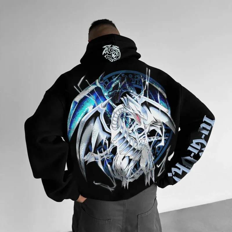 Classic Anime Yu Gi Oh Character Blue Eyed White Dragon Printed Male Autumn/Winter Thick and Wide Y2K Halloween COS Wide Hoodie photo 2