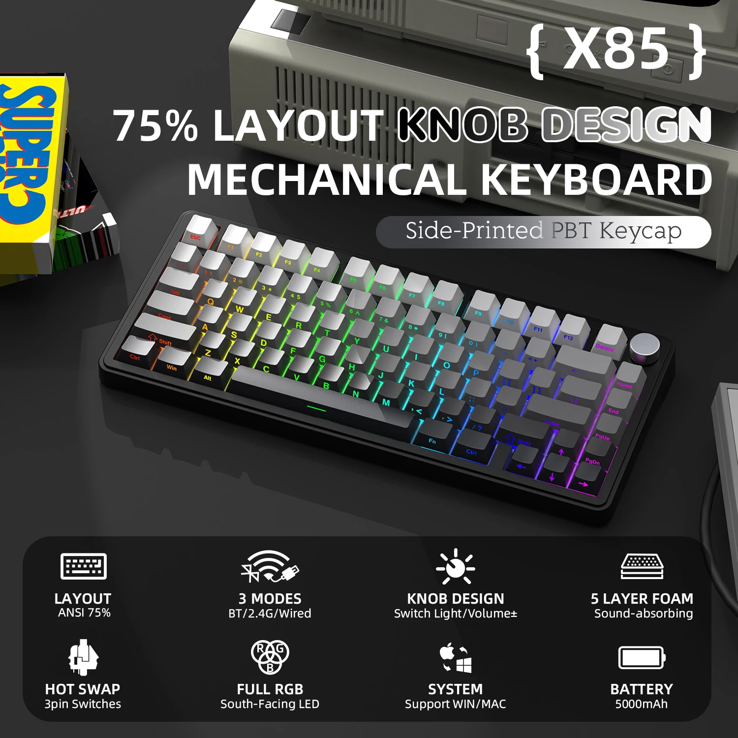 ATTACK SHARK X85 75% Tri‑Mode(Wired/2.4GHz/Bluetooth) Hot Swap Mechanical Keyboard Kit With C01ULTRA RGB Aviator Coiled Cable photo 3