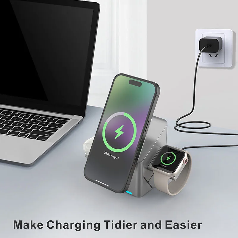Rotating Qi2 3in1 15w Magnetic Wireless Charger Stand For iPhone 16 15 14 13 12 Max  iWatch Airpods Fast Charging Dock photo 3