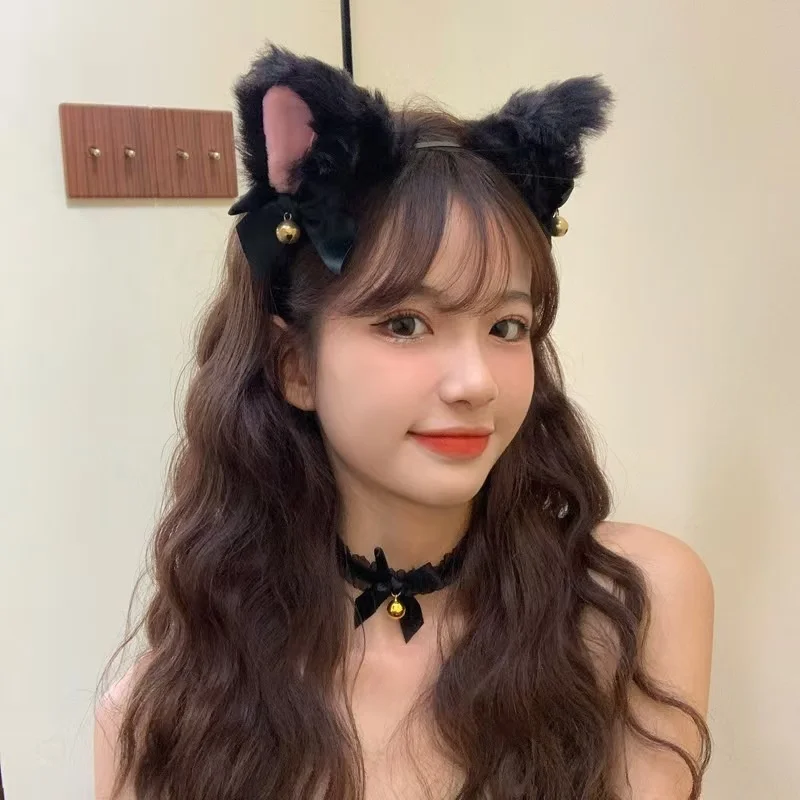 Sexy Cat Ears Headband for Women Girls Lace Bow Necklace Plush Bell Hairband Cosplay Masquerade-Party Costume Hair Accessories photo 3