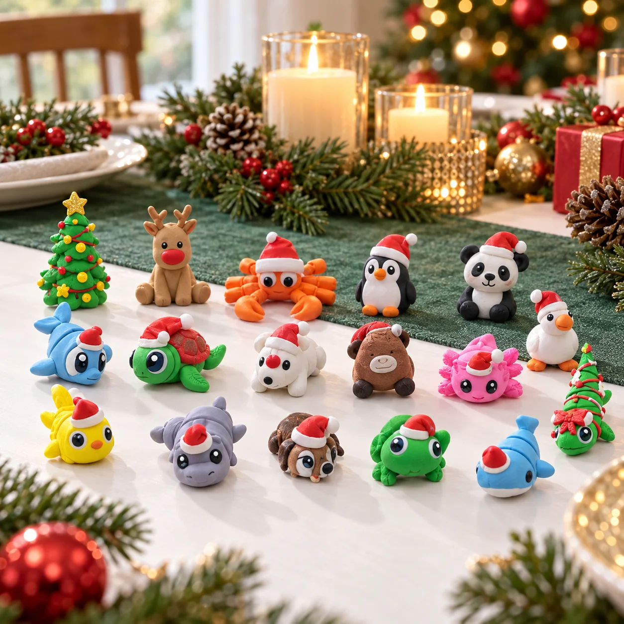 20/30/50Pcs 3D Printed Christmas Hat Animal Model Joint Movable Cartoon Figurine Ornament Sets Home Office Desktop Decoration photo 6