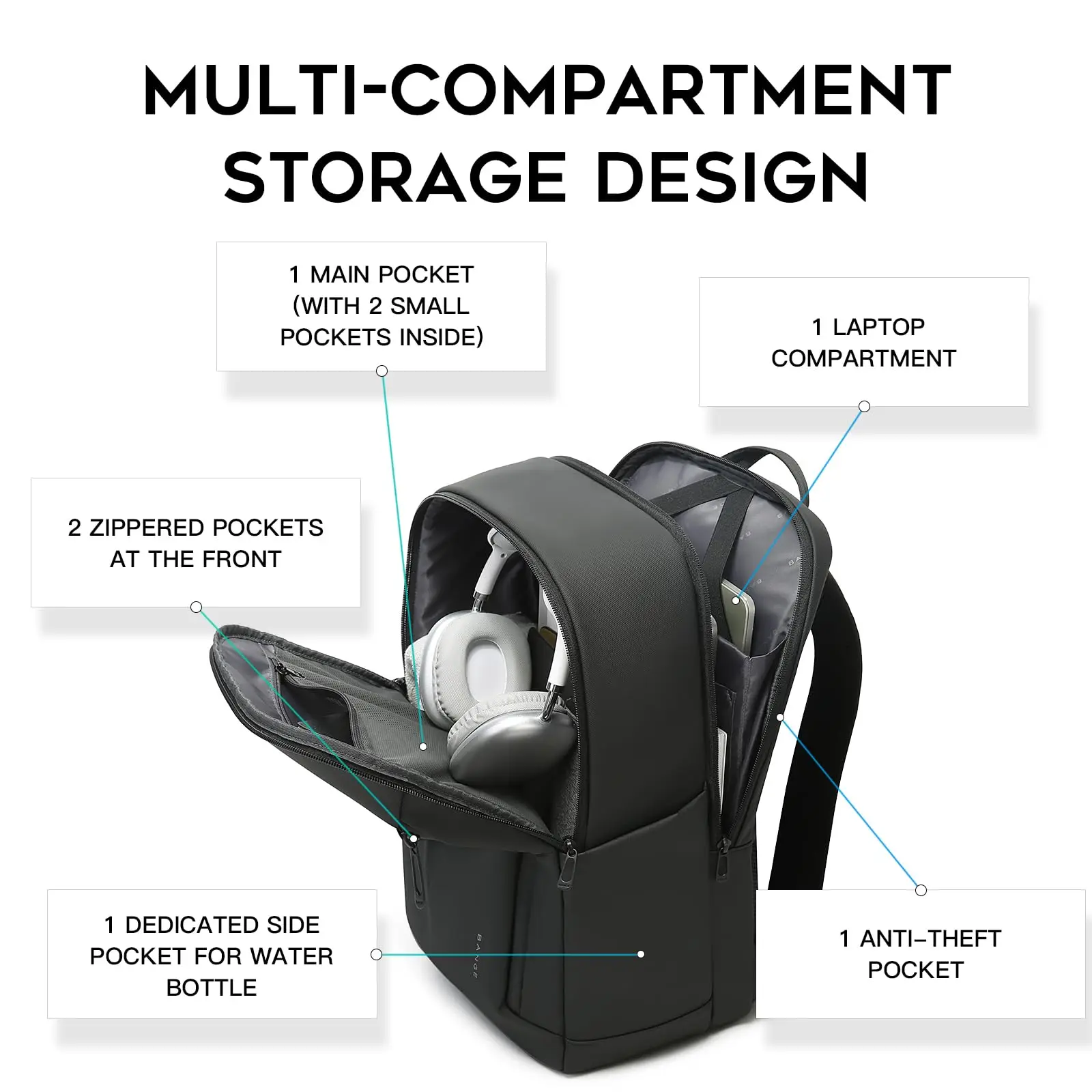 BANGE New Casual Multi-Pockets Big Capacity Daily 15.6inch Laptop Light Waterproof For Business Trip Roomy Men Backpack with YKK photo 3
