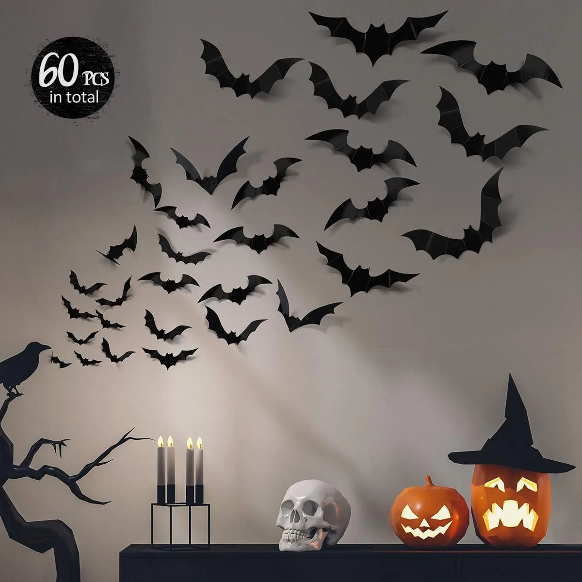 Bats Wall Decor 120 Pcs 3D Bat Halloween Decoration Stickers for Home Decor 4 Size Waterproof Black Spooky Bats for Room Décor photo 3