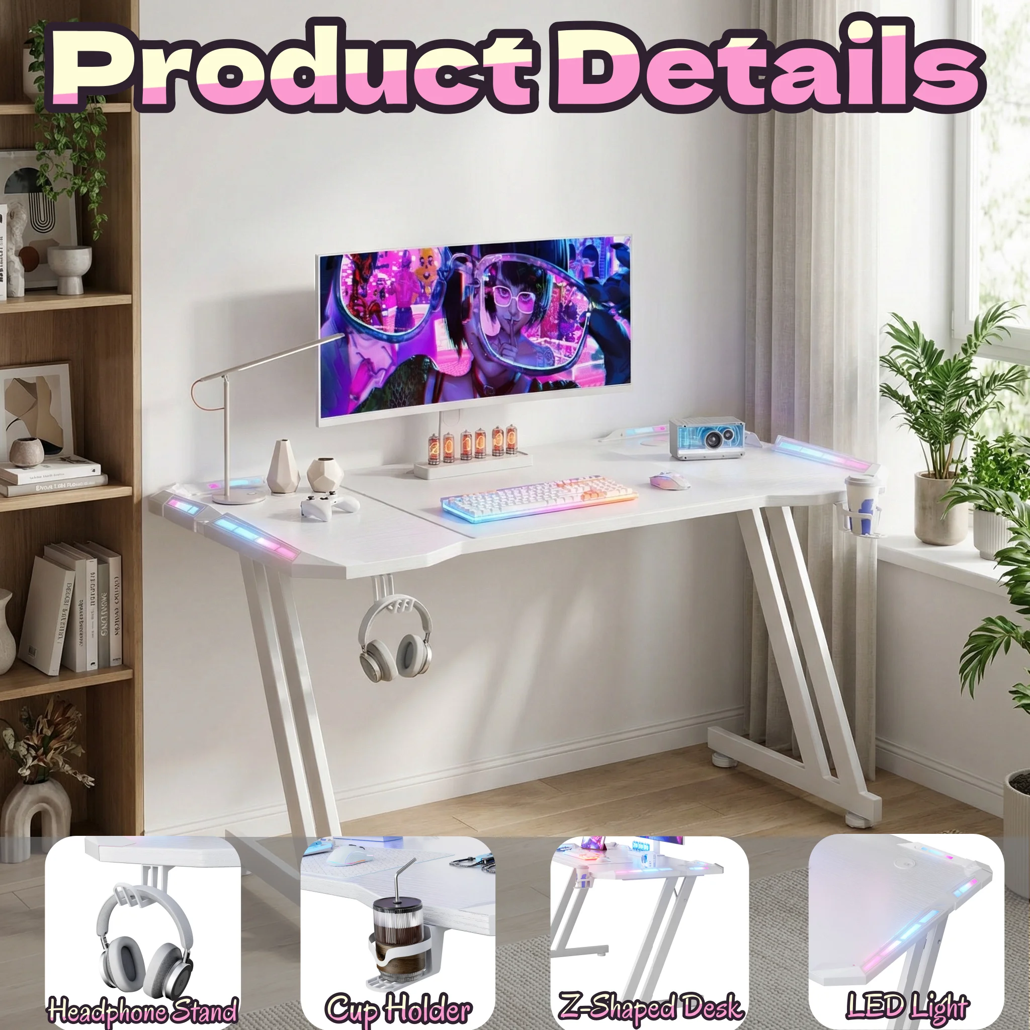 47/55/63inch Gaming Desk, Carbon Fibre Gaming Table with LED Lights, Z Shaped Ergonomic Desk with Cup Holder & Headphone Hook, White photo 4