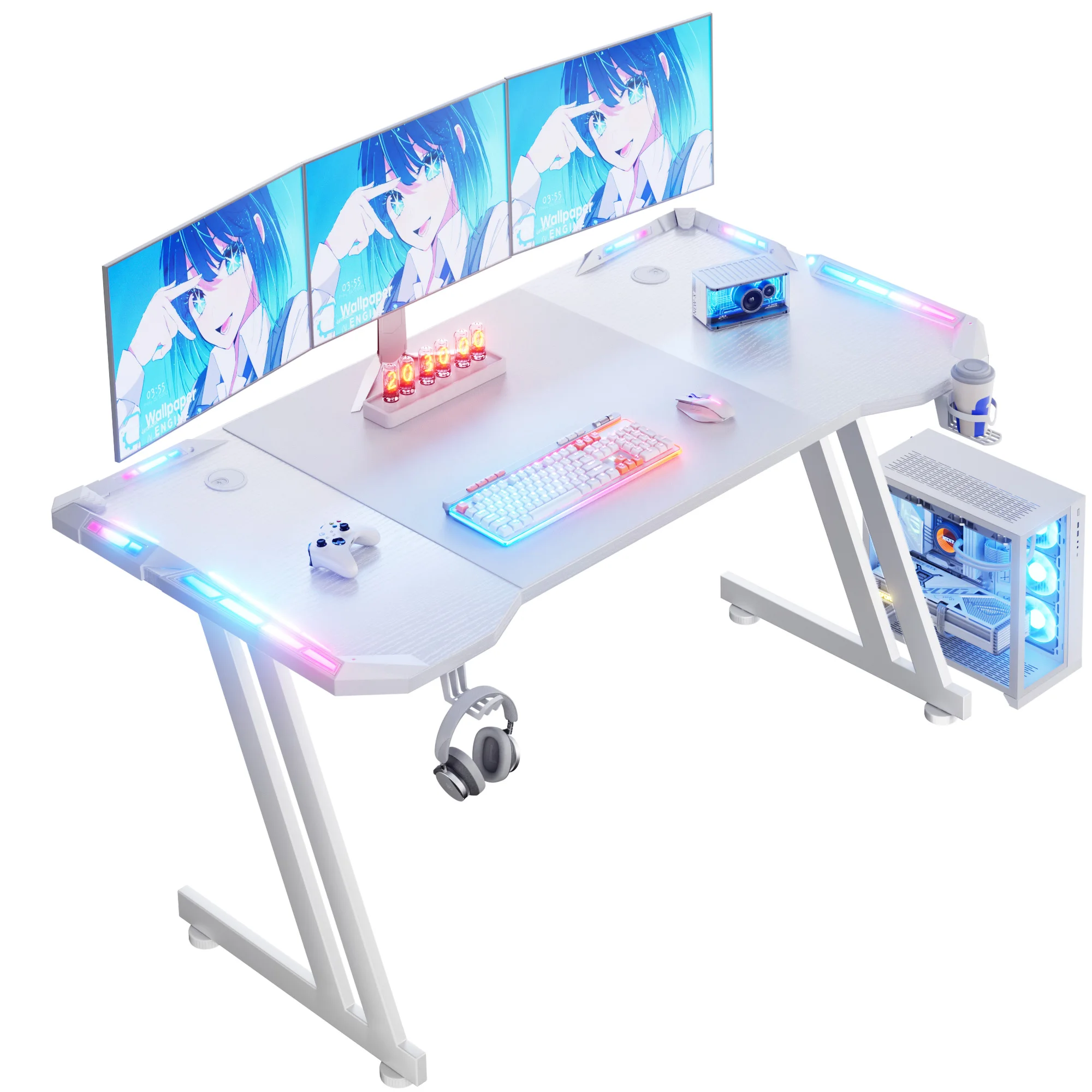 47/55/63inch Gaming Desk, Carbon Fibre Gaming Table with LED Lights, Z Shaped Ergonomic Desk with Cup Holder & Headphone Hook, White photo 2