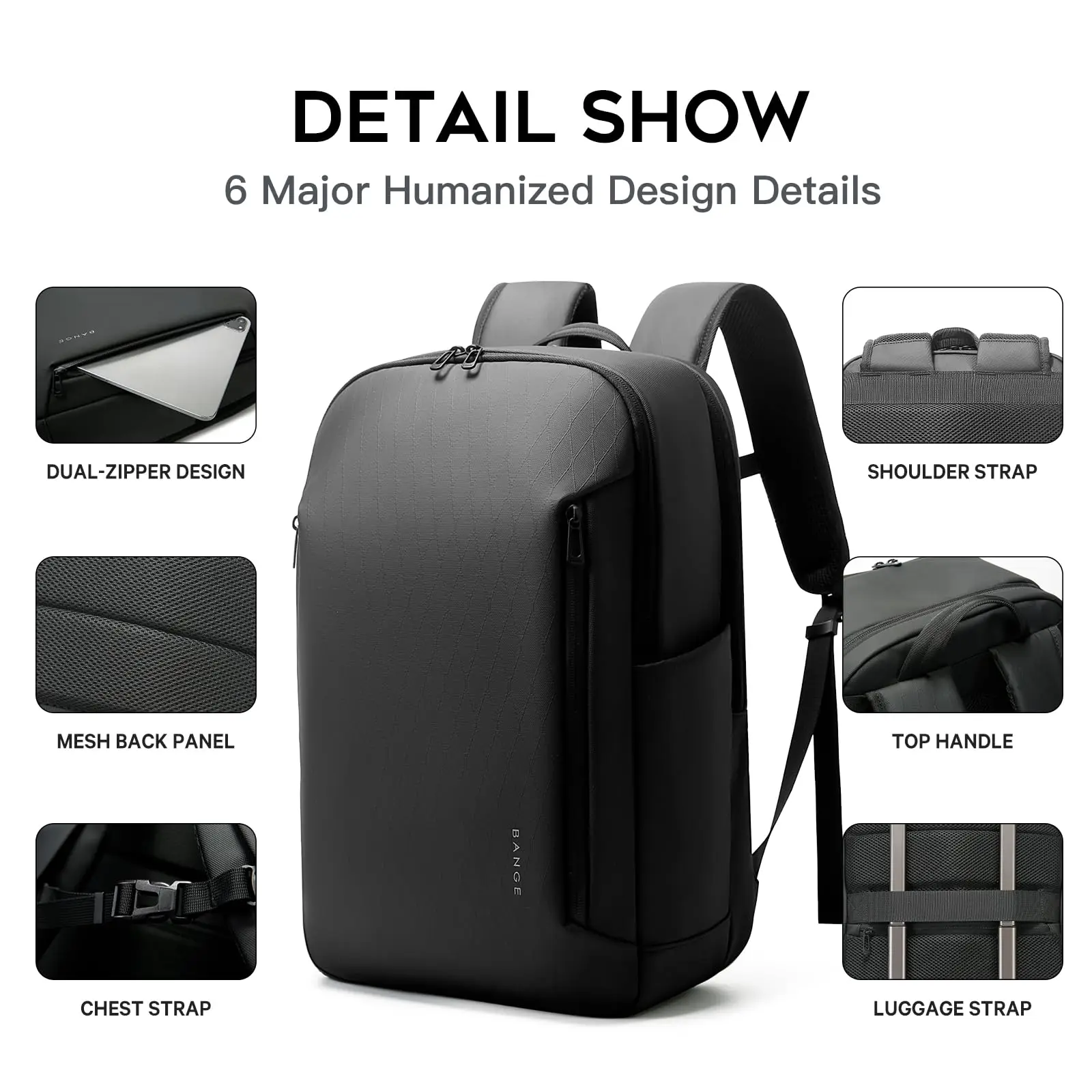 BANGE New Casual Multi-Pockets Big Capacity Daily 15.6inch Laptop Light Waterproof For Business Trip Roomy Men Backpack with YKK photo 5