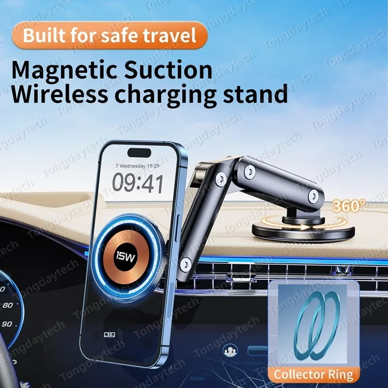 15W Car Magnetic Wireless Charger Holder 360 Rotation Metal Adjustable Angle in Car Stand For Iphone 15 14 13 12 Pro Max Samsung photo 5