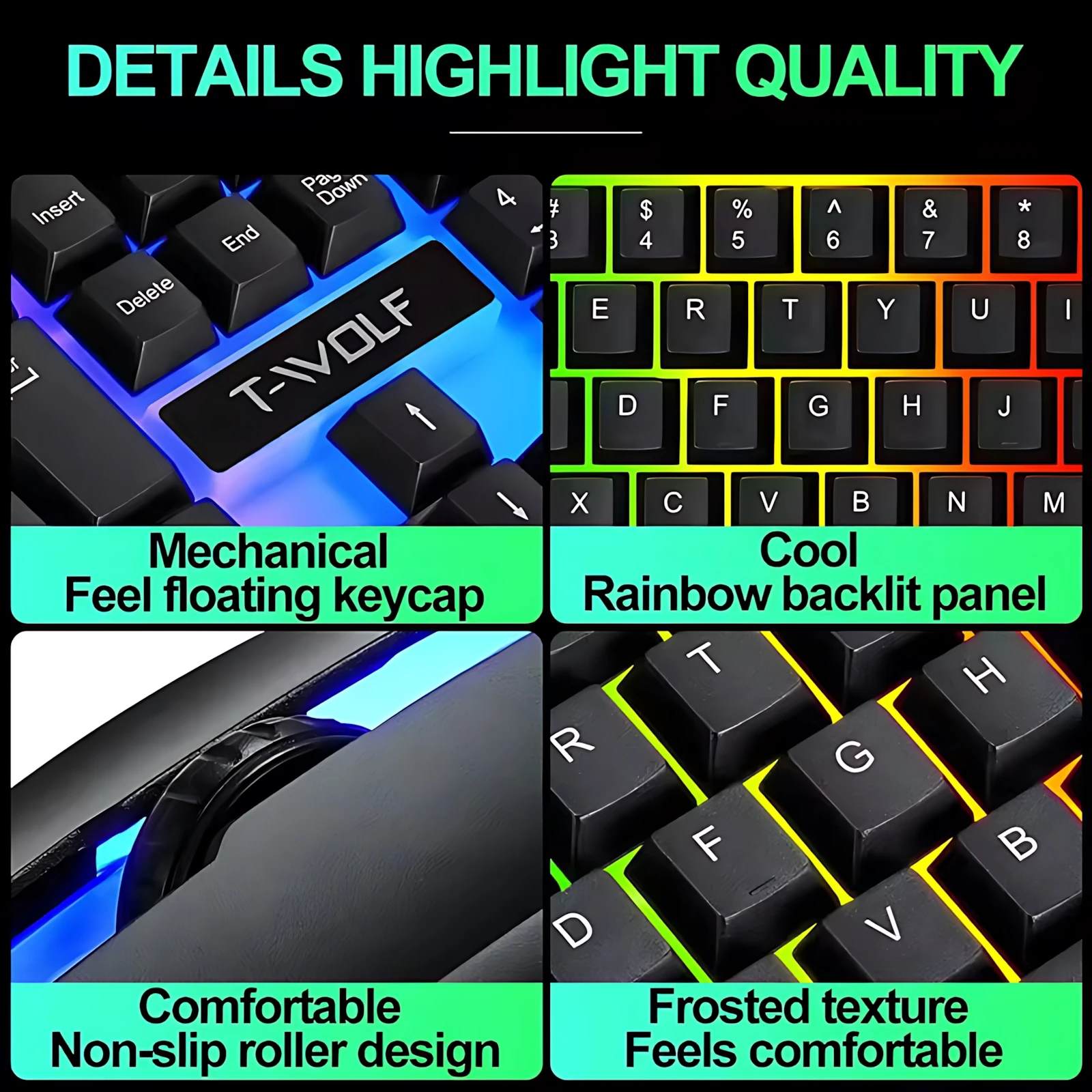 Rainbow Backlit Wired Keyboard and Mouse,Floating Keycap Strong, Wear-resistant, Comfortable Feel Keyboard for Business Office photo 3