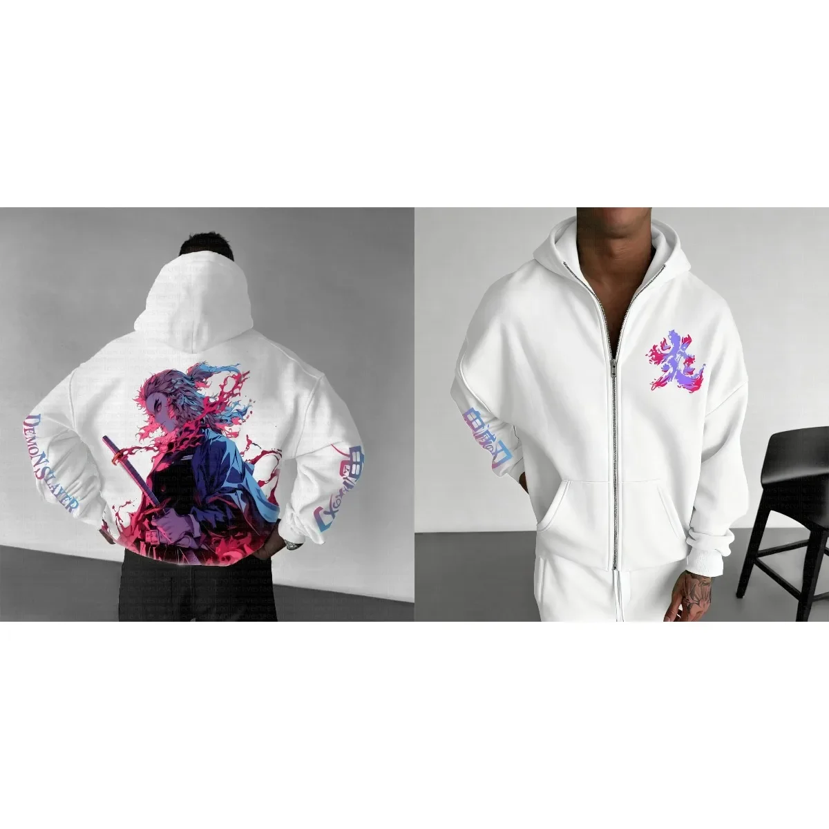 Demon Slayer 2025 Trend Explosion Rengoku Kyojuro Cyberpunk Anime Hoodie White Cotton Casual Autumn Winter Streetwear Fashion photo 3