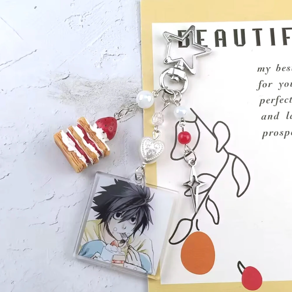 Handmade Anime Death Note L Lawliet Cake Beaded Keychain Bag Charms Aesthetic Handbag Pendant Key Ring Christmas Gift photo 2