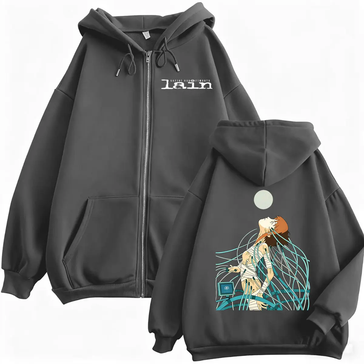 Anime Serial Experiments Lain Graphic Zipper Hoodie Manga Girl Sci Fi Y2k Zip Up Jacket Men Women Cosplay Casual Oversized Coat photo 3