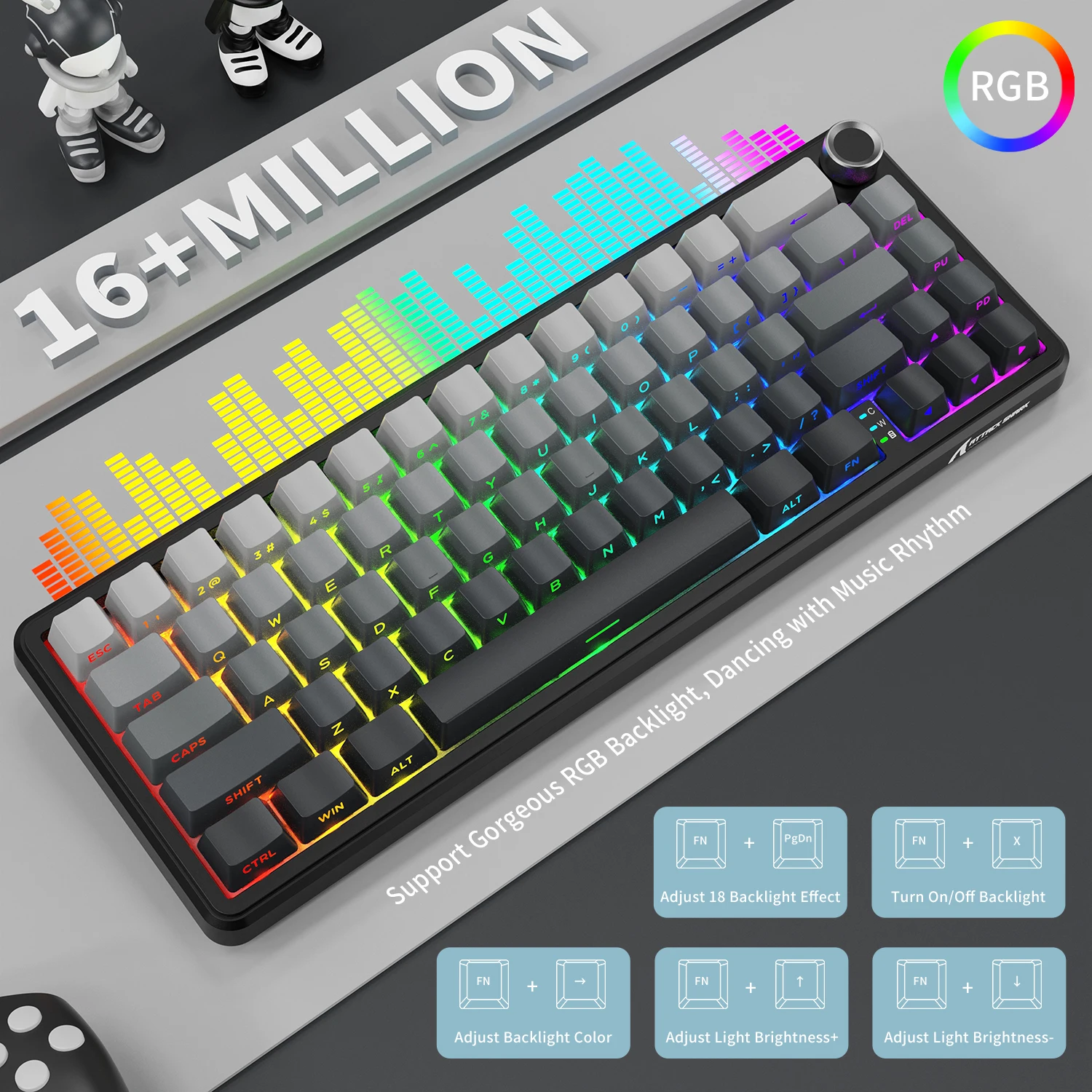 ATTACK SHARK X66 65% Wireless Mechanical Keyboard with Knob, 66 Keys Tri Mode Gasket Hot Swap RGB Gaming Keyboard 60 Percent,PBT photo 4