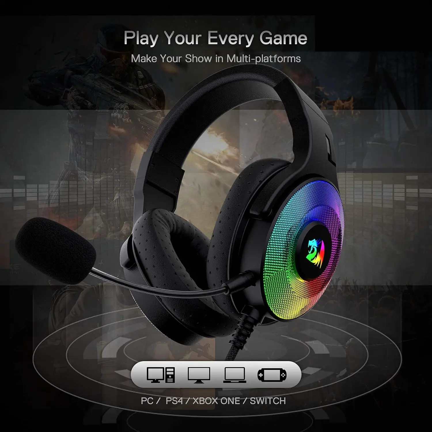 Redragon H350 RGB Wired Dynamic RGB Backlight Dynamic RGB Backlight Gaming Headset 50MM Drivers Over-Ear Headphones photo 5