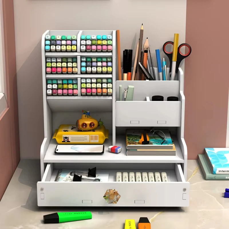 Mark Pen Pencil Holder Wooden Desk Organizers Shelves Accessories Desktop Stationery Organizer Bookshelf Home Office Storage Box photo 5
