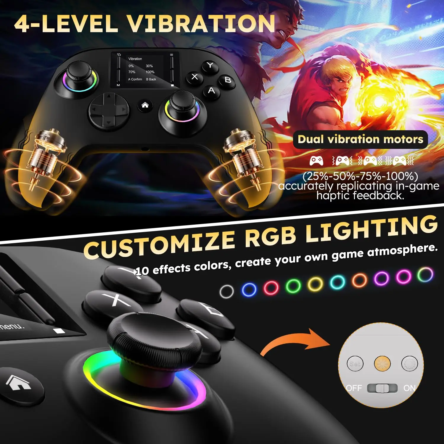 Wireless gaming controller with an interactive screen, compatible with PC, PS4, Switch, Android, and iOS devices. Features 4 programmable buttons, rapid-fire functionality, a 6-axis gyroscope, dual vibration feedback, and RGB lighting. photo 5