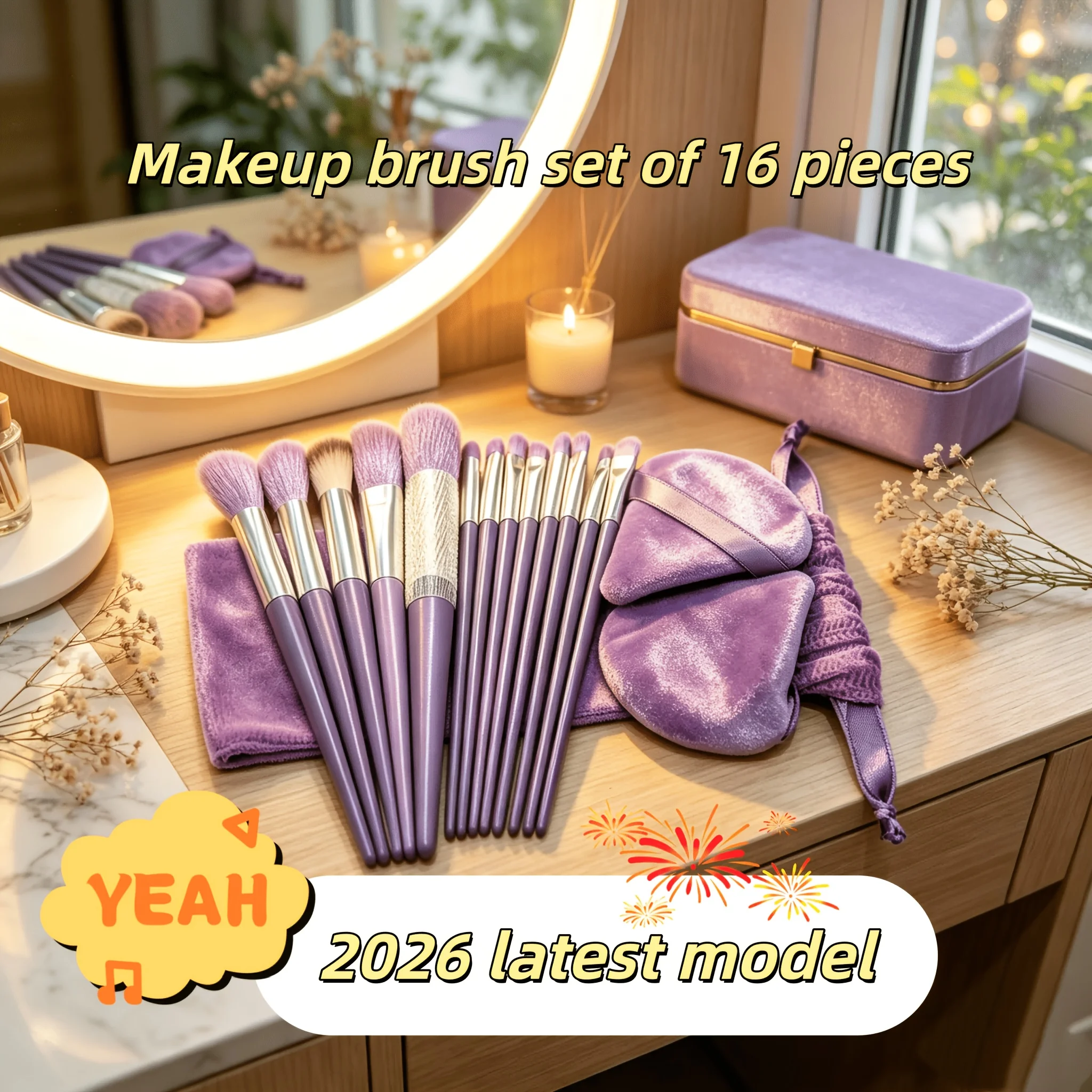 16Pcs Professional Makeup Brush Set w/ Pouch, Sponge & Puff, Soft Bristles for Foundation, Blush, Eyeshadow, 2026 New Gift photo 1