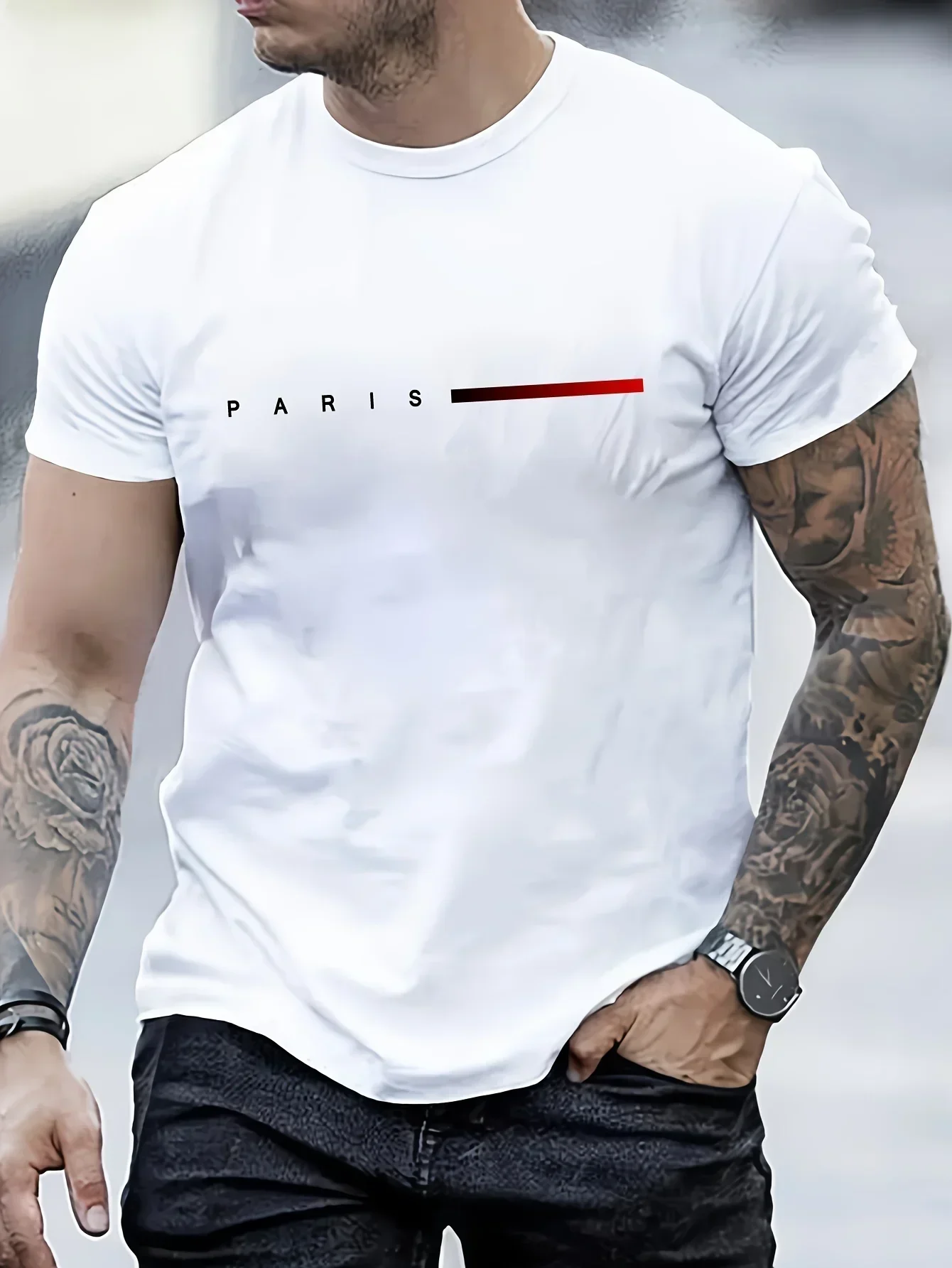 Men's 100% Cotton Summer Loose PARIS Creative Letter Print Casual Slim Fit Round Neck Short Sleeved T-shirt Top photo 4