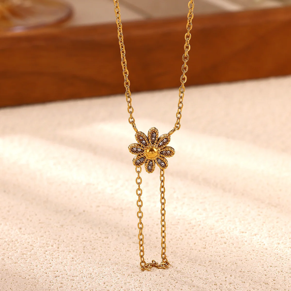 Luxury Zircon Daisy Flower Necklaces For Women Gold Color Stainless Steel Flower Y‑Drop Necklace Wedding Christmas Boho Jewelry photo 2