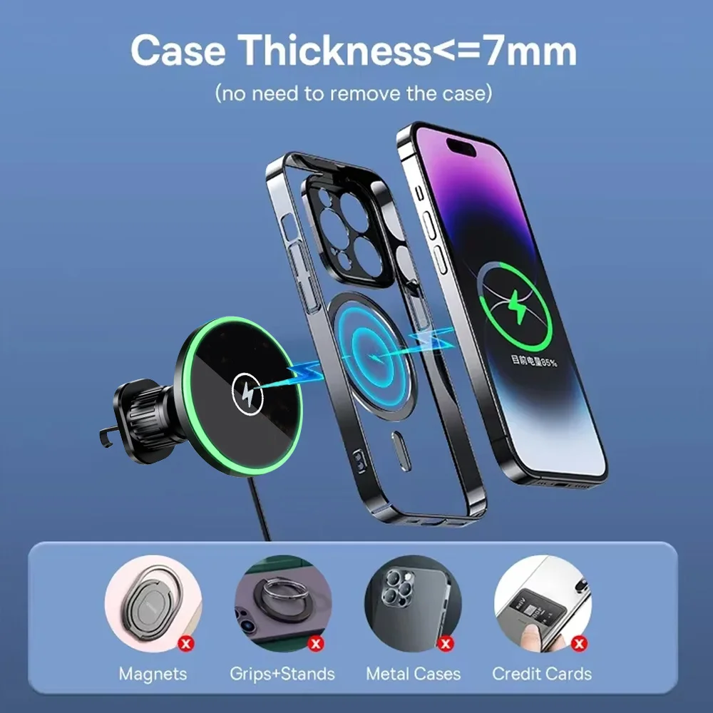 30W Fast Charging Magnetic Car Wireless Charger, LED Light Phone Mount Holder for iPhone 12, 13, 14, 15，16，17， Pro Max photo 4