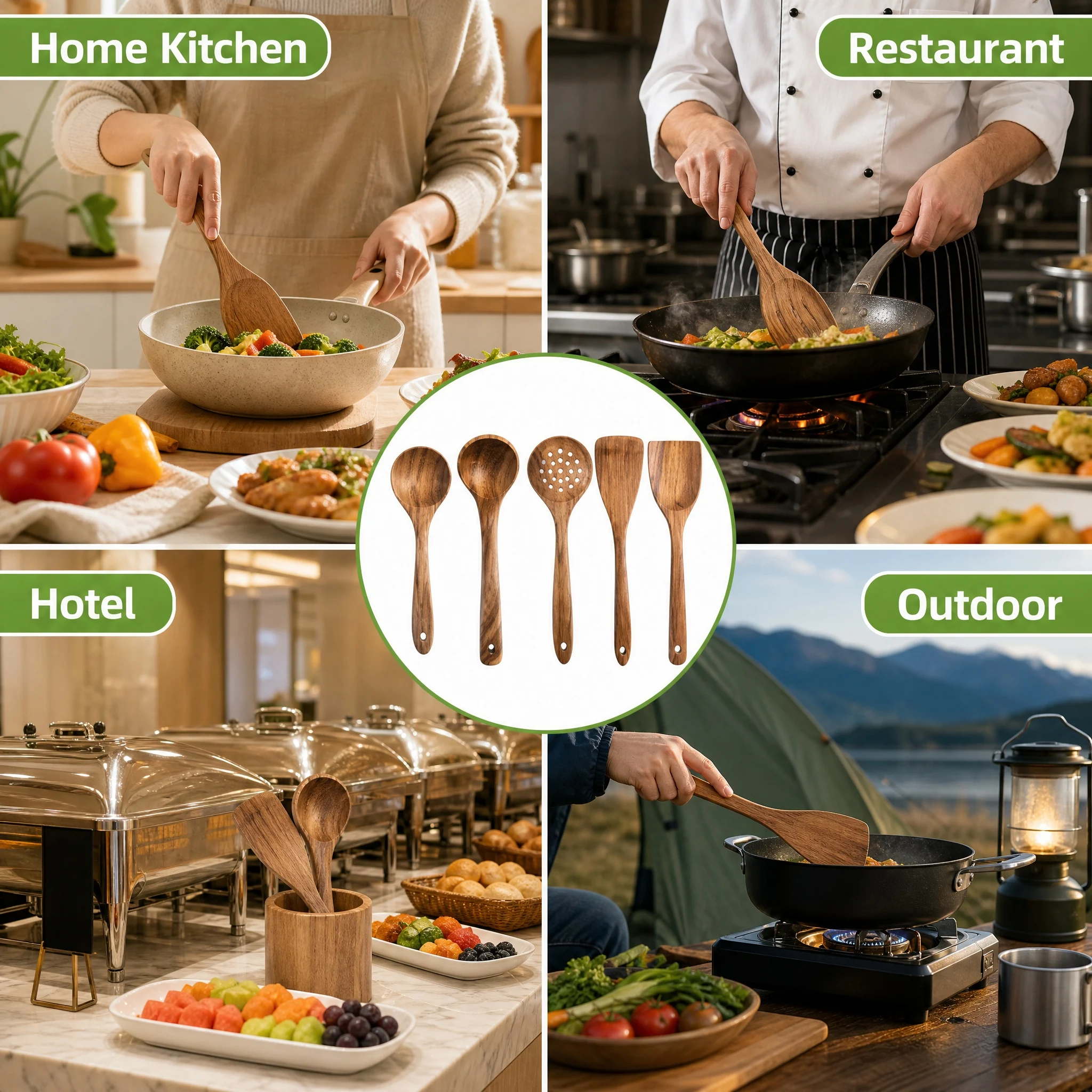 5pcs Wooden Utensil Set with Hanging Holes, Food Grade Spoons and Spatula 24-33.7cm, Non-Toxic Smooth Kitchen Tools for Cooking photo 3