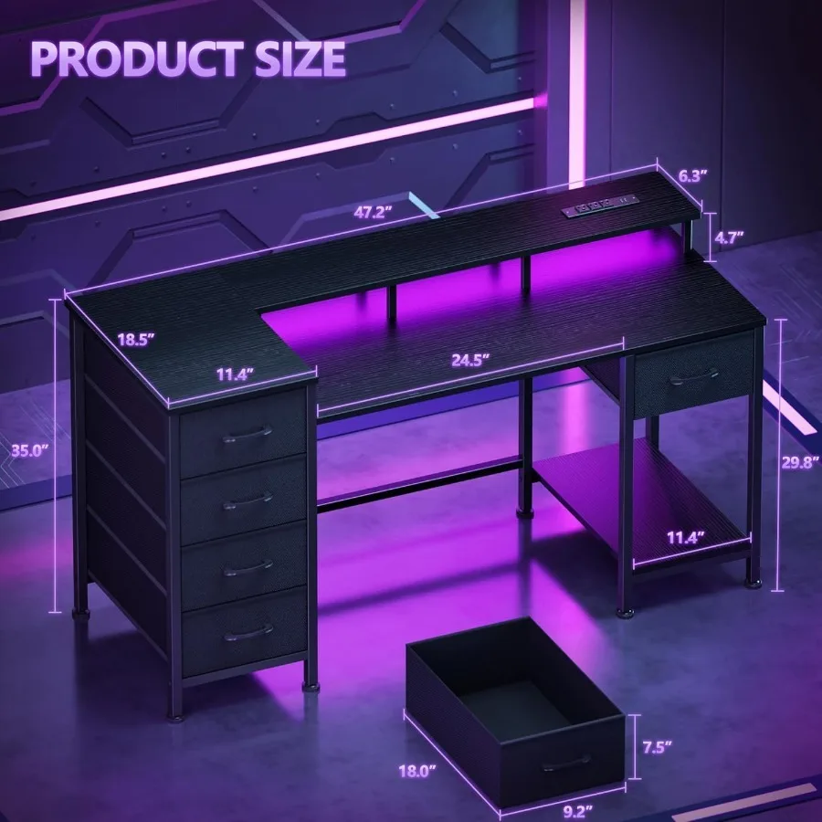 Gaming Computer Desk with Power Outlets, LED, 5 Drawers photo 2