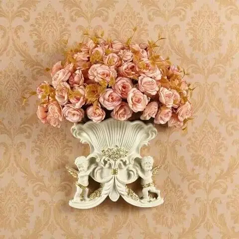 European Wall Hanging Double Angel Vase+Artificial Flower Home Background Wall Mural Resin Crafts Decoration Wall Ornament Decor photo 5