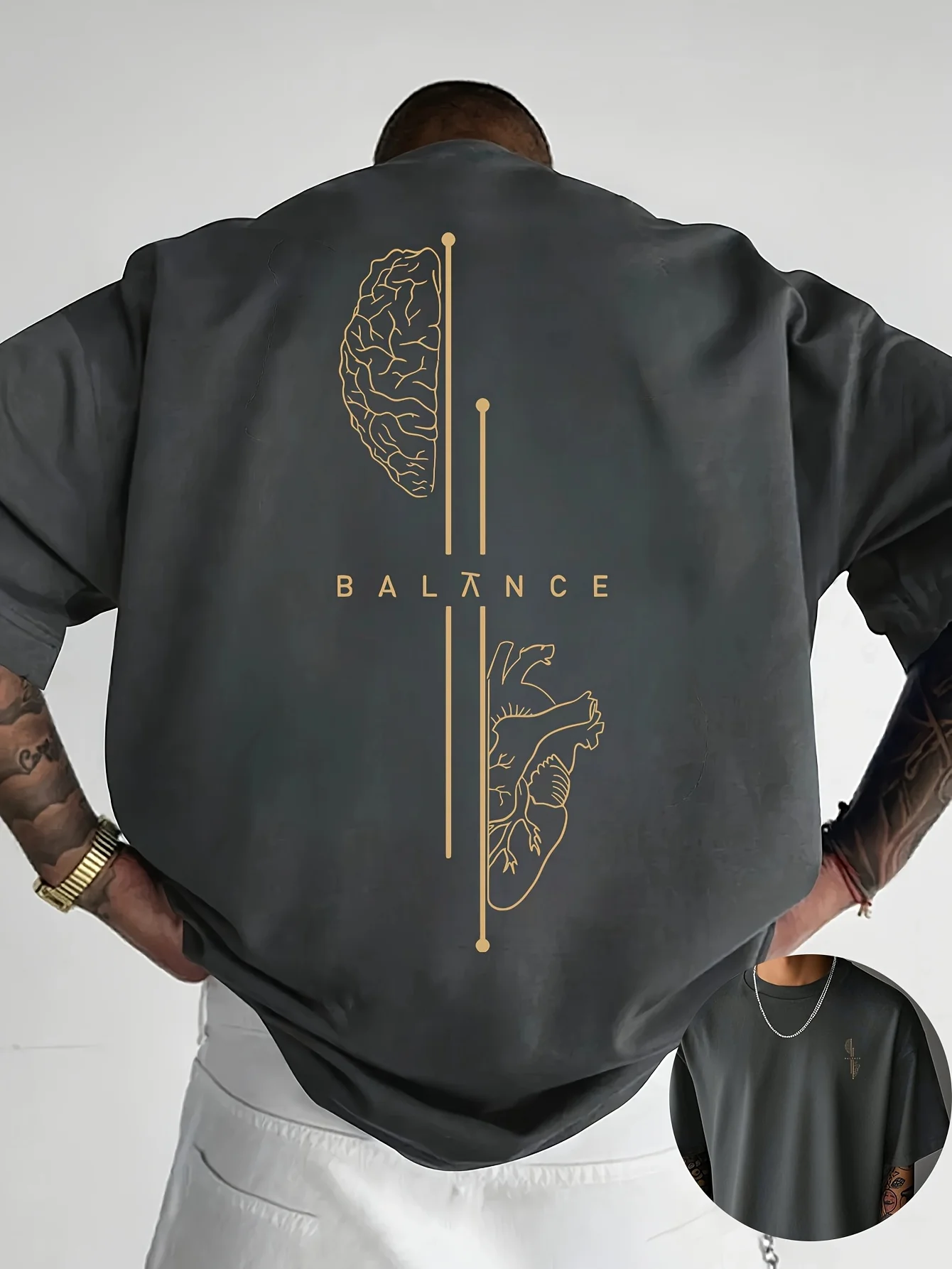 Brain and Heart Line Art Graphic Print 100% Cotton Mens T Shirt for Summer Streetwear Has A Sleek Minimalist Modern Aesthetic photo 4