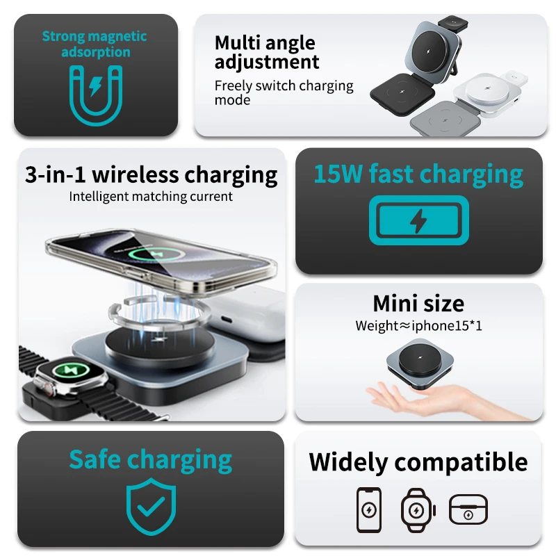3 In 1 Foldable Magnetic Wireless Charger Stand For iPhone 15 14 13 12 Pro Max IWatch AirPods Pro Station Fast Charging Holder photo 5