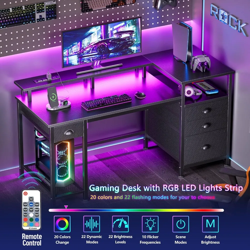 Gaming Desk 52 Inch with 4 Drawers, LED Lights, Power Outlet, Monitor Stand, Printer Space, Black photo 6
