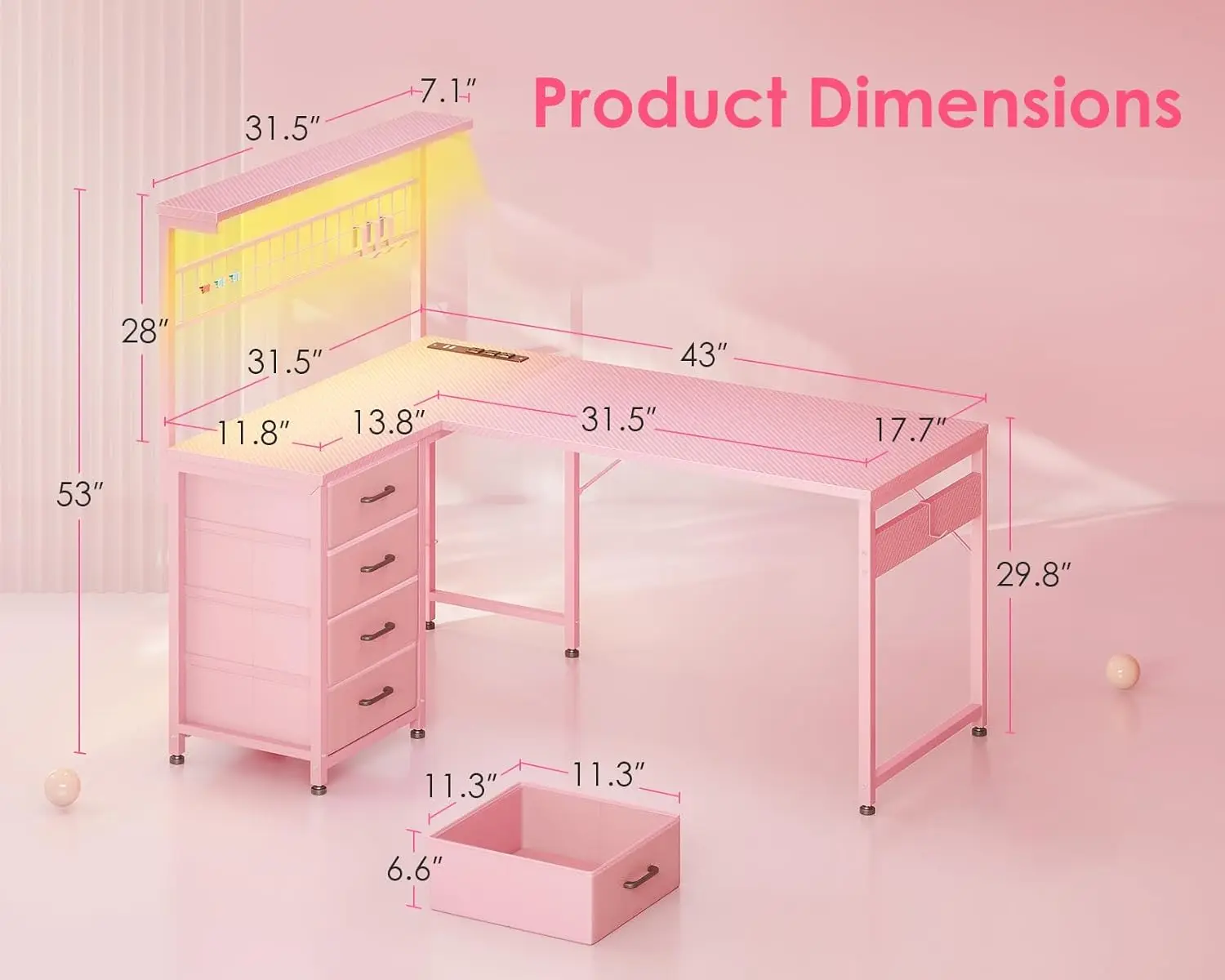 43 Inch L Shaped Gaming Desk with Shelf & 4 Drawers, Carbon Fiber Pink | Compact computer table. Reversible study desk with LED photo 3