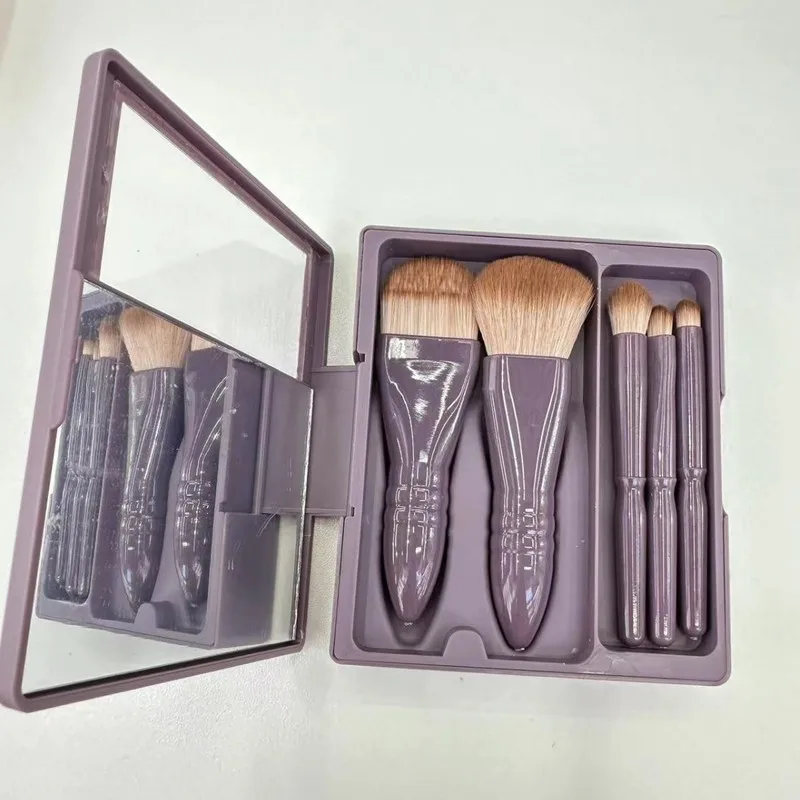 5 in 1 Makeup Brush Set with Window Mirror Box Portable Mini Size Eyeshadow Powder Brushes Kit photo 3