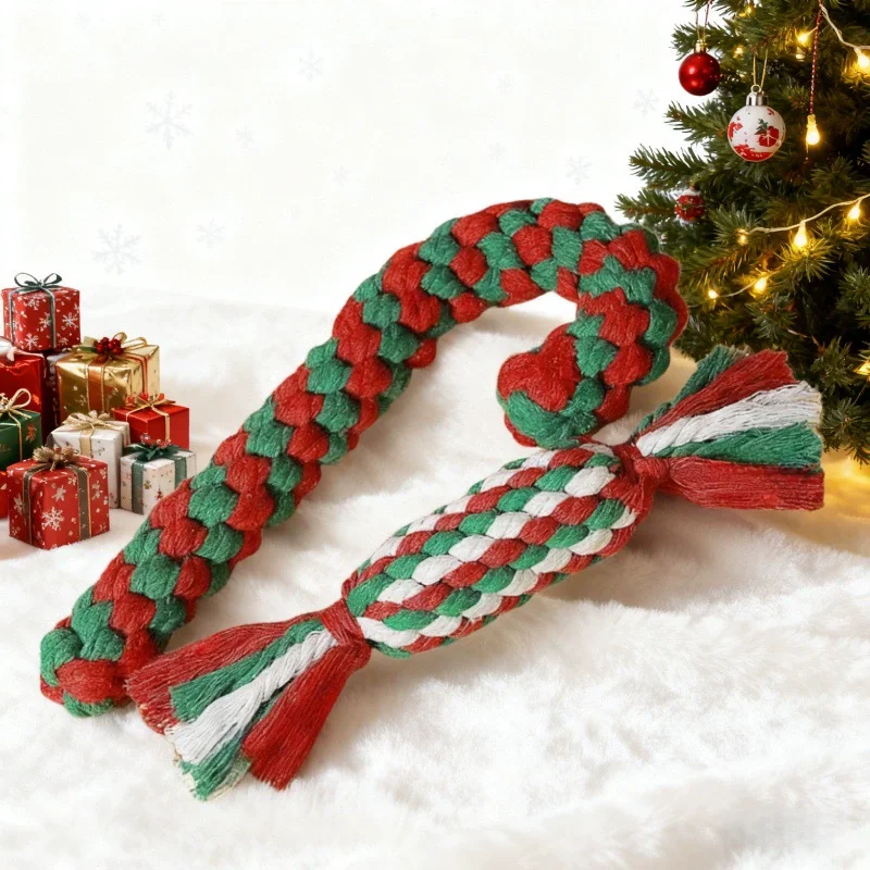 Christmas Pet Cotton Rope Knot Interactive Chew Toy Bite-resistant Molar Interactive Dog Toy Teeth Clean Festive Toy For All Dog photo 3