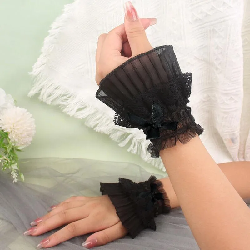 Gothic Lolita Hand Wrist Cuffs Bowknot LaceTrim Maid Cosplay Accessories For Women Girl Party photo 6