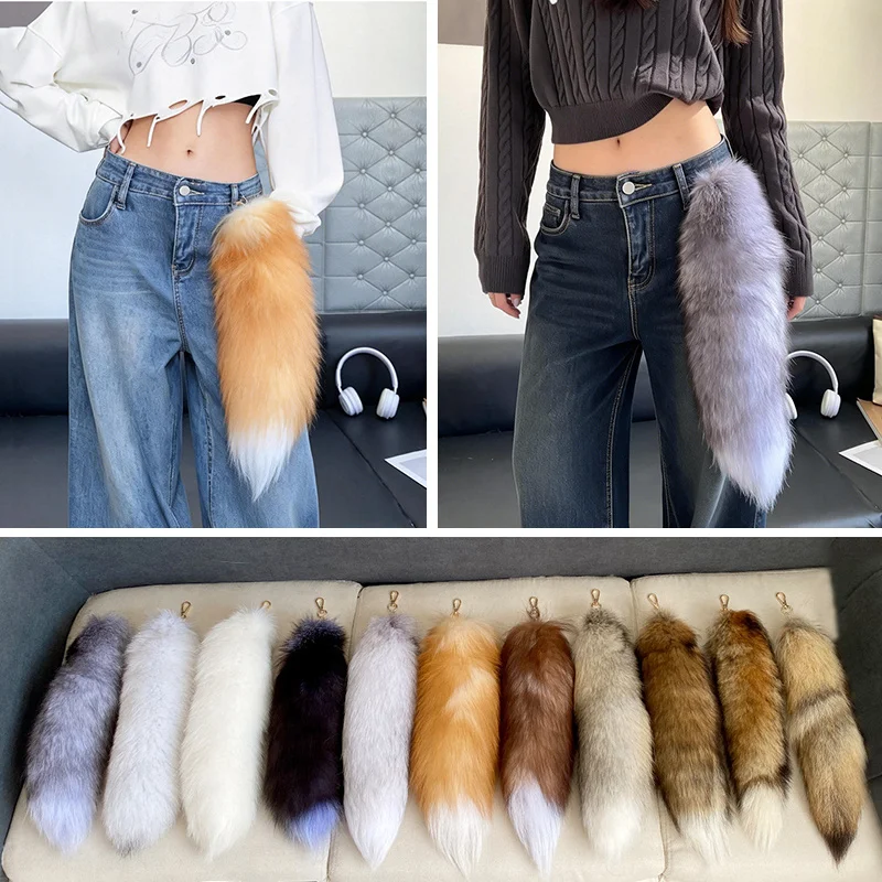 Natural Fox Fur Tail Keychain Fluffy Y2K Wolf Tail Keychains Car Accessories Anime Tail Fur Keychain Bag Charms Jewelry Key Ring photo 2