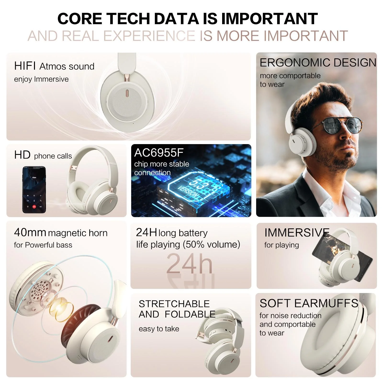 Bluetooth Headphones Wireless Headset Over Ear Foldable Portable Fashion Aesthetic Design With 24H Long Battery Life Premium Hi-Fi Stereo Sound All Day Comfortable Fit For Photography Props Travel Sports Gym Workout Gaming School Office Use And Study photo 2