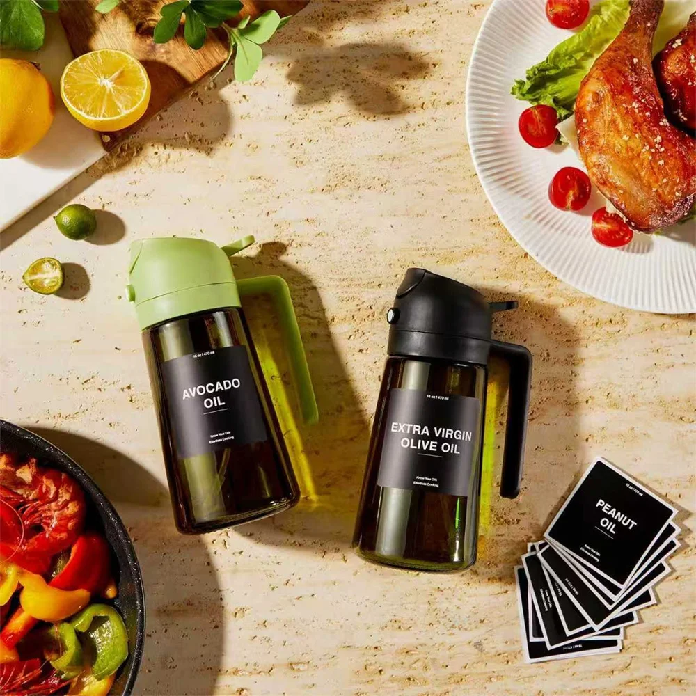 Olive Oil Dispenser,Sprayer for Cooking 2 in 1- Spray and Pour,Dark Green Glass Oil Bottlewith Stickers,16oz/470ml Oil Sprayer photo 5