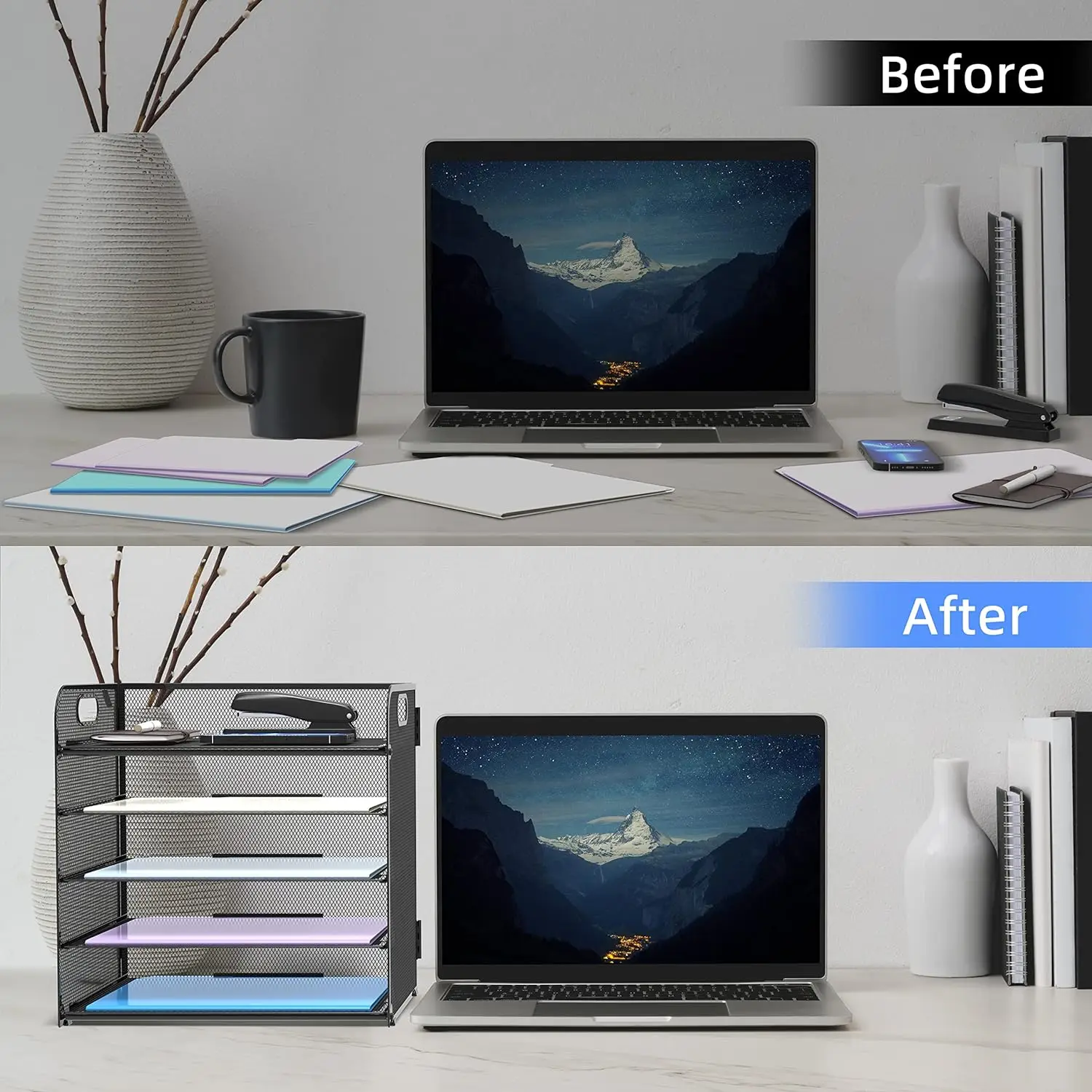 5 Trays Paper Organizer With Handle - Mesh Desk File/Letter Organizer, Black Paper Sorter For Office, Home Or School photo 7