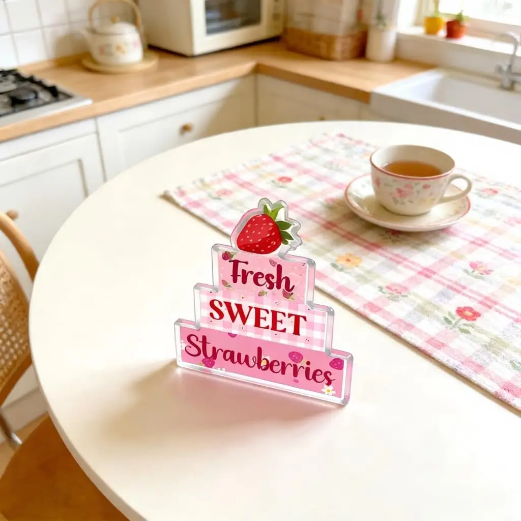 Acrylic Strawberry Decor Plaque Desk Decoration Sign Summer Gifts Decor For Kitchen Bathroom Farmhouse Table Home Office Fake photo 6