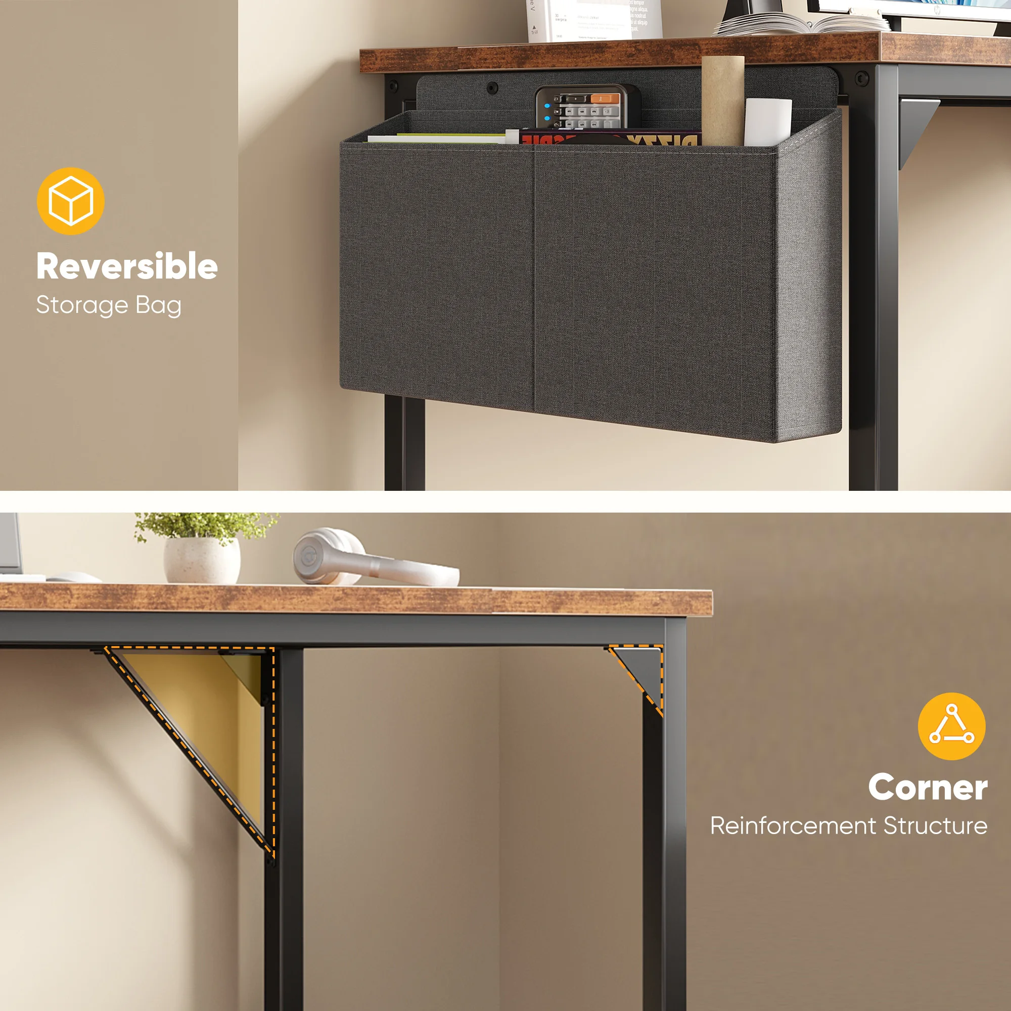 JHK 31IN to 55IN Computer Office Desk Writing Study Office Gaming Table with Storage Bag Metal Frame Wood Tabletop Easy Assembly photo 3