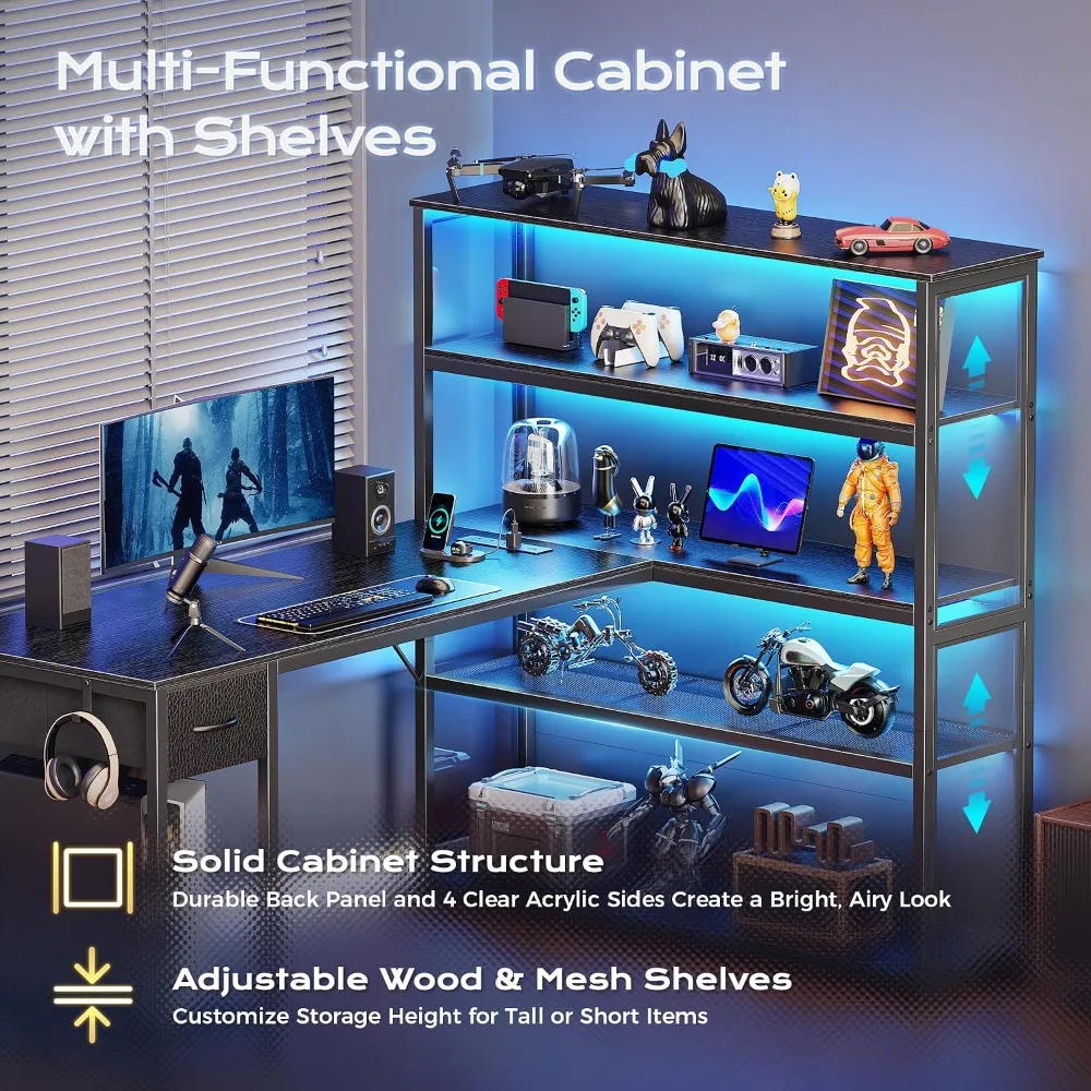 57 Inch L Shaped Gaming Desk with Cabinet, Outlets, LED, Drawer, Shelf, Black photo 6