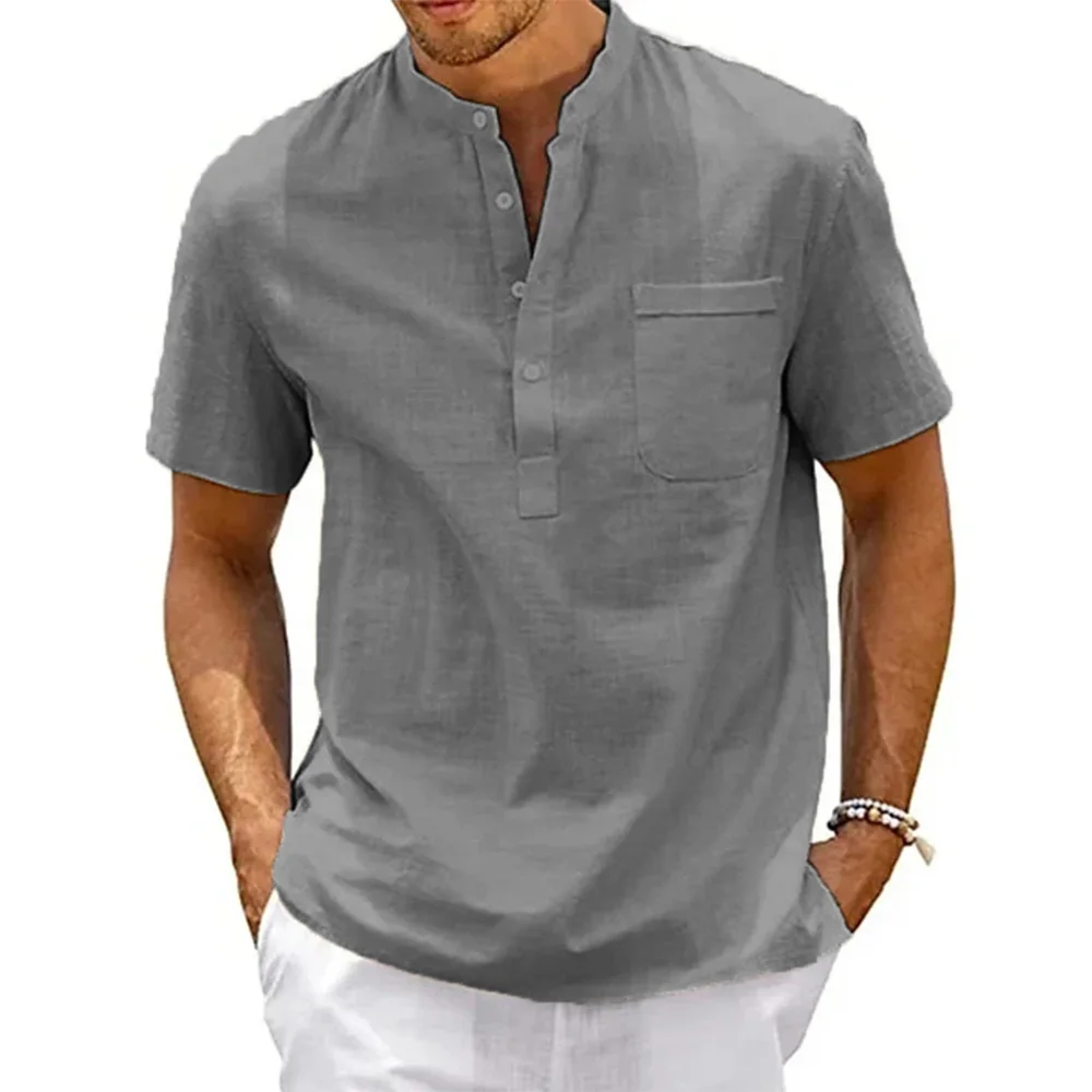 Cotton Linen Shirt Men Henley Neck Pocket Casual Beach Short Sleeve Solid Color Male Tops T-shirts Vintage Streetwear photo 3