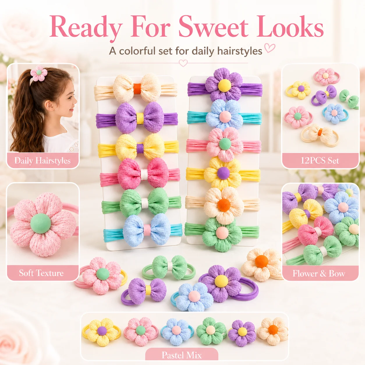 12PCS New Cut Hair Ties Princess Sweet Flower Bow Girls Women Elastic Hair Bands Hair Accessories Headwear Scrunchies 2030 photo 8