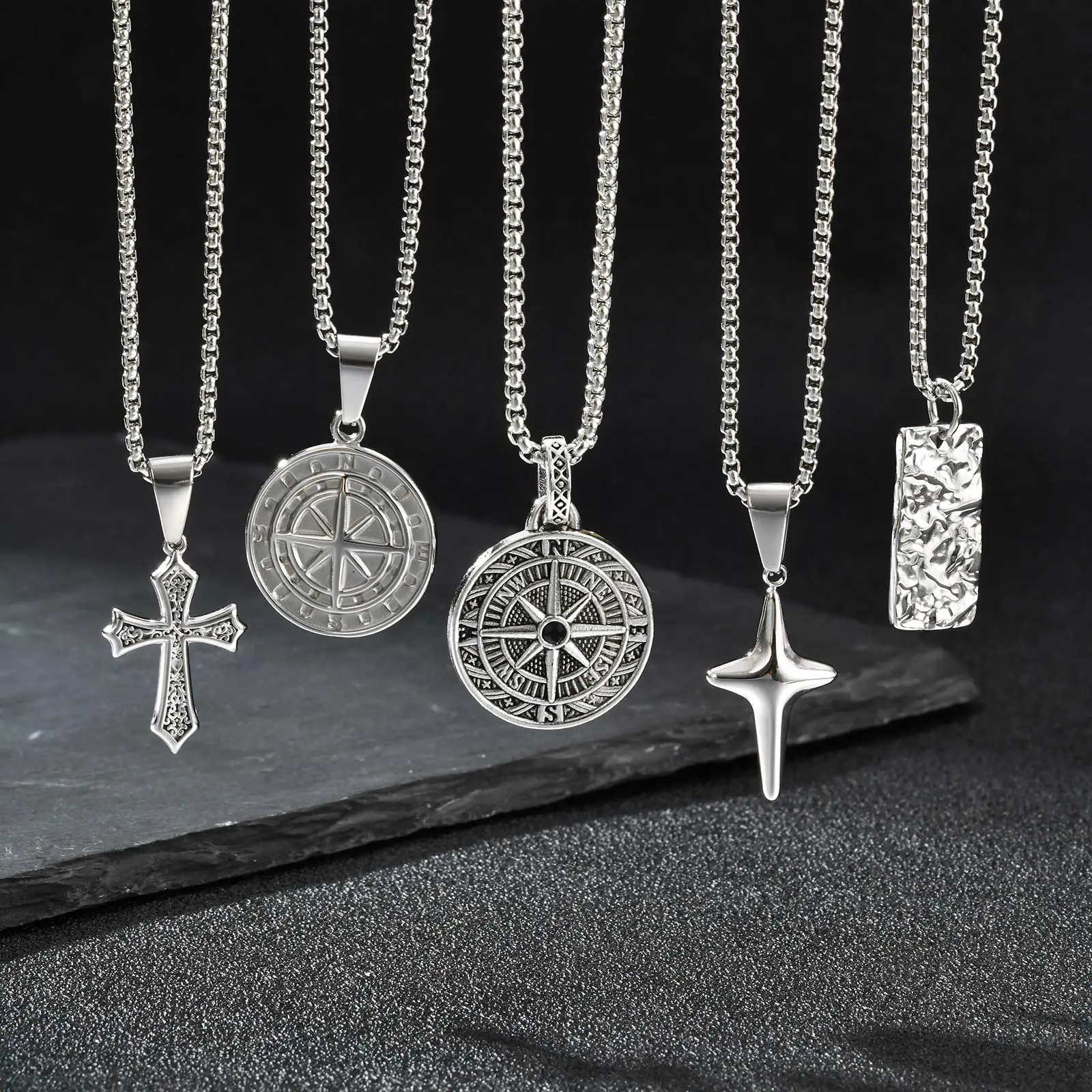 Men's Silver Color Geometric Pendant Necklace, Non Fading Stainless Steel Compass Necklace with Chain, Stylish Jewelry Gifts photo 3