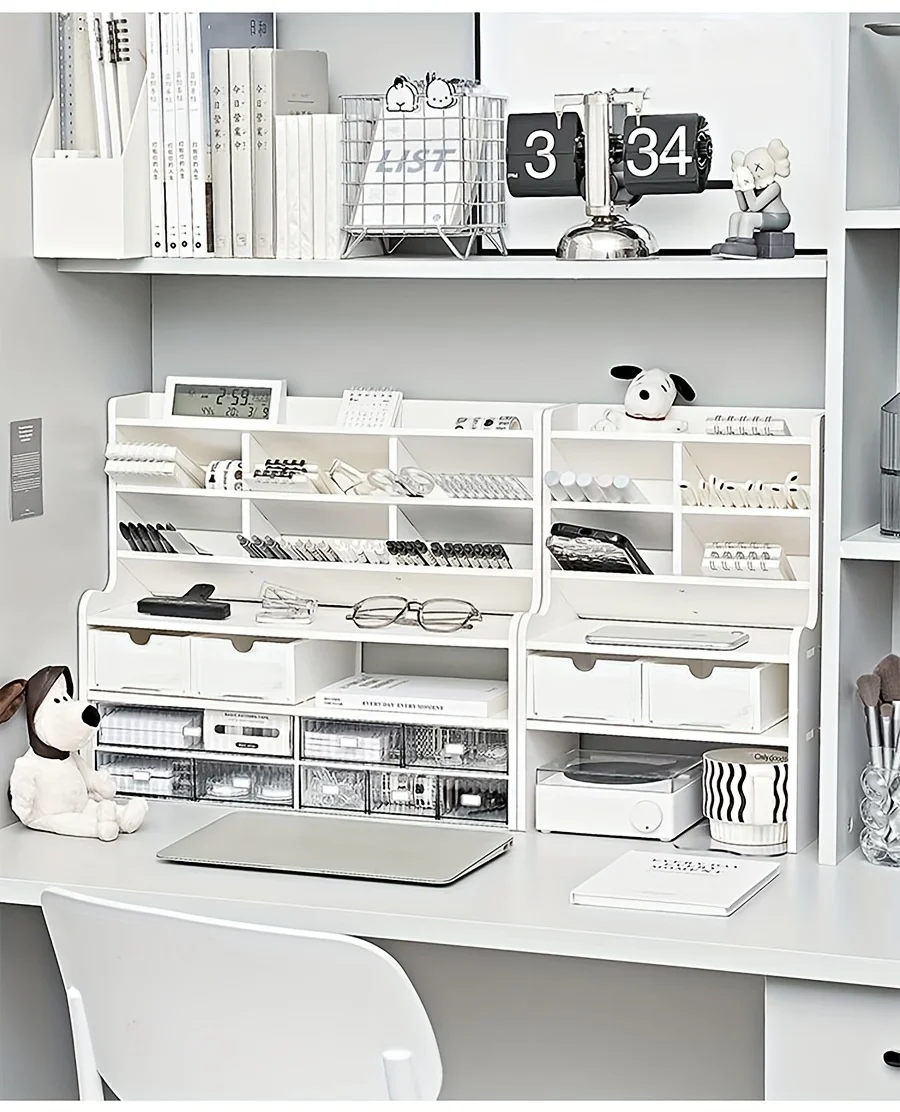 1PC 2-Tier Desk Organizer & Drawer Storage|With Tilt Pen Holder, Raised Bookshelf |Matte White PVC For Stationery, Cosmetics, O photo 1
